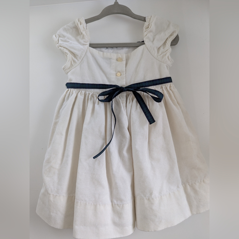 Ralph Lauren Winter White Dress with Navy & Green Bow With Details